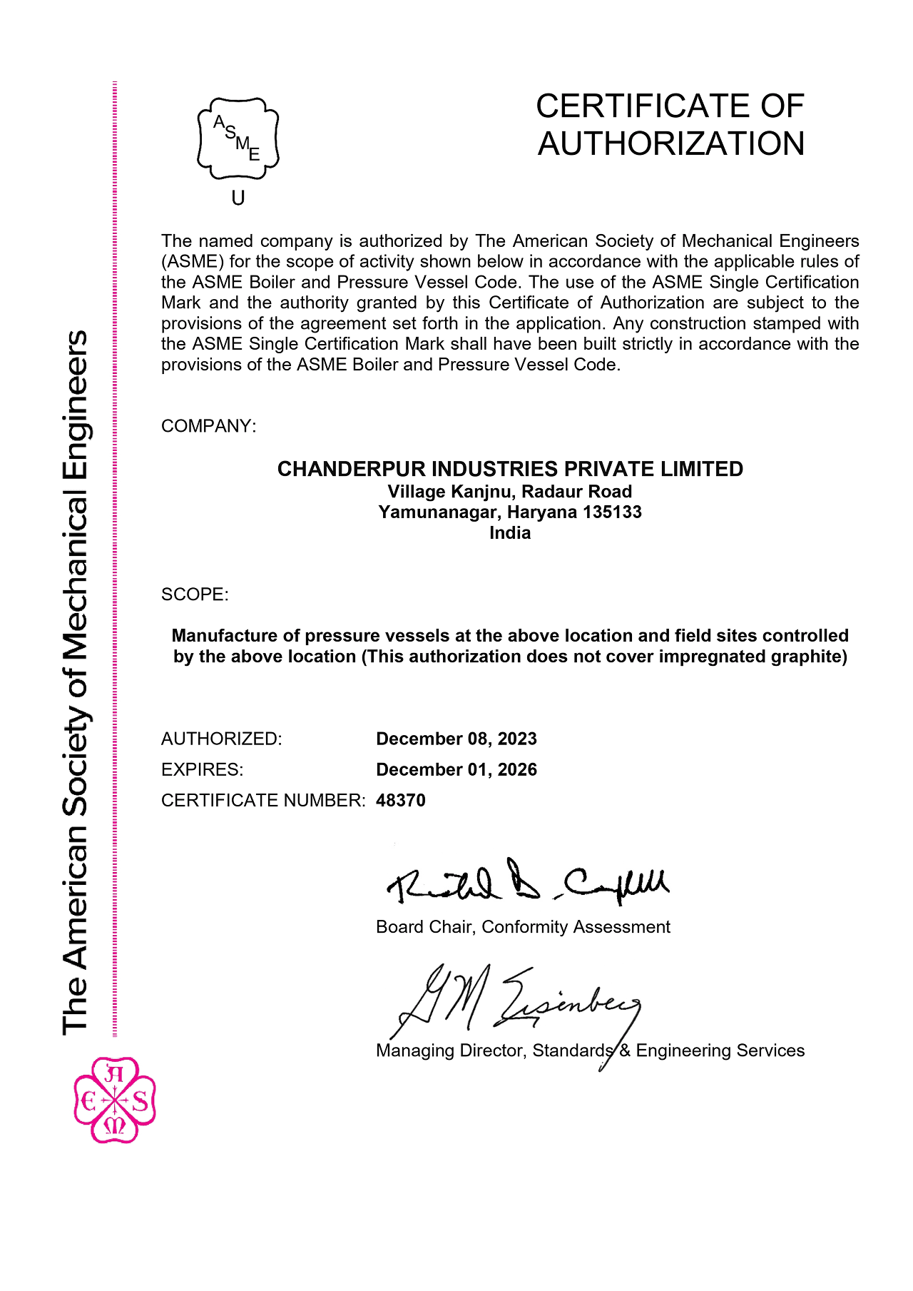ASME Pressure Vessel Manufacturing Certification